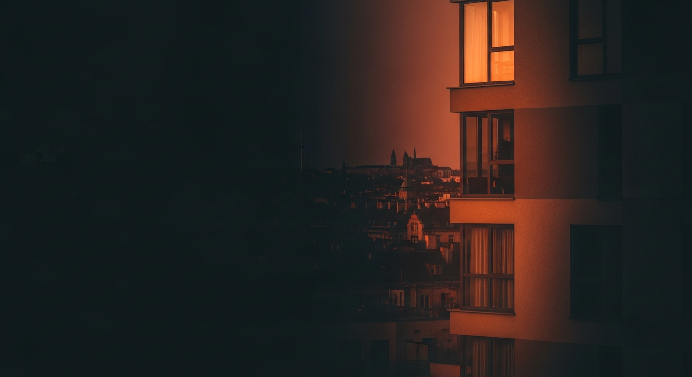 Moderní bytový dům za soumraku se siluetou pražského panoramatu