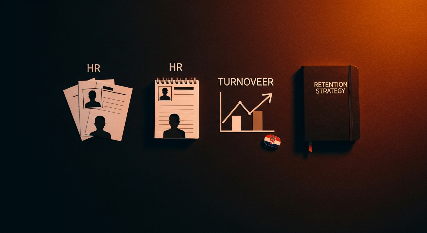 Revolving-door koncept fluktuacije stranih radnika — HR personalni dosjei, grafikon turnovera i retencijski plan