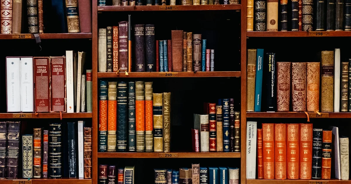 Library bookshelf with rows of books