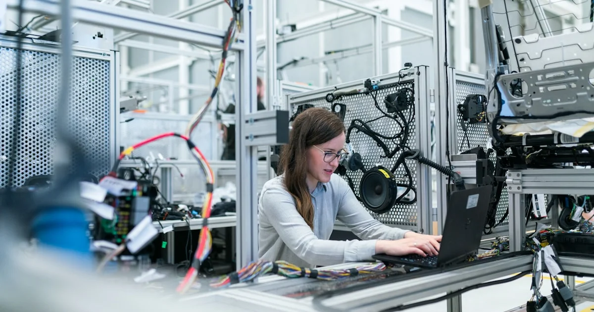 Woman working on a laptop at a bright office