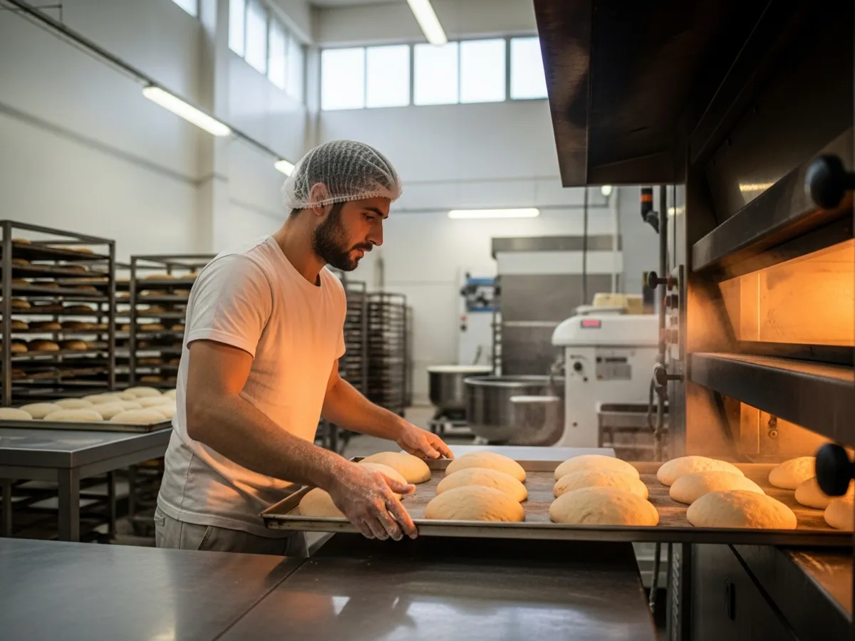 Operario de panadería dando forma y horneando productos en una línea de producción