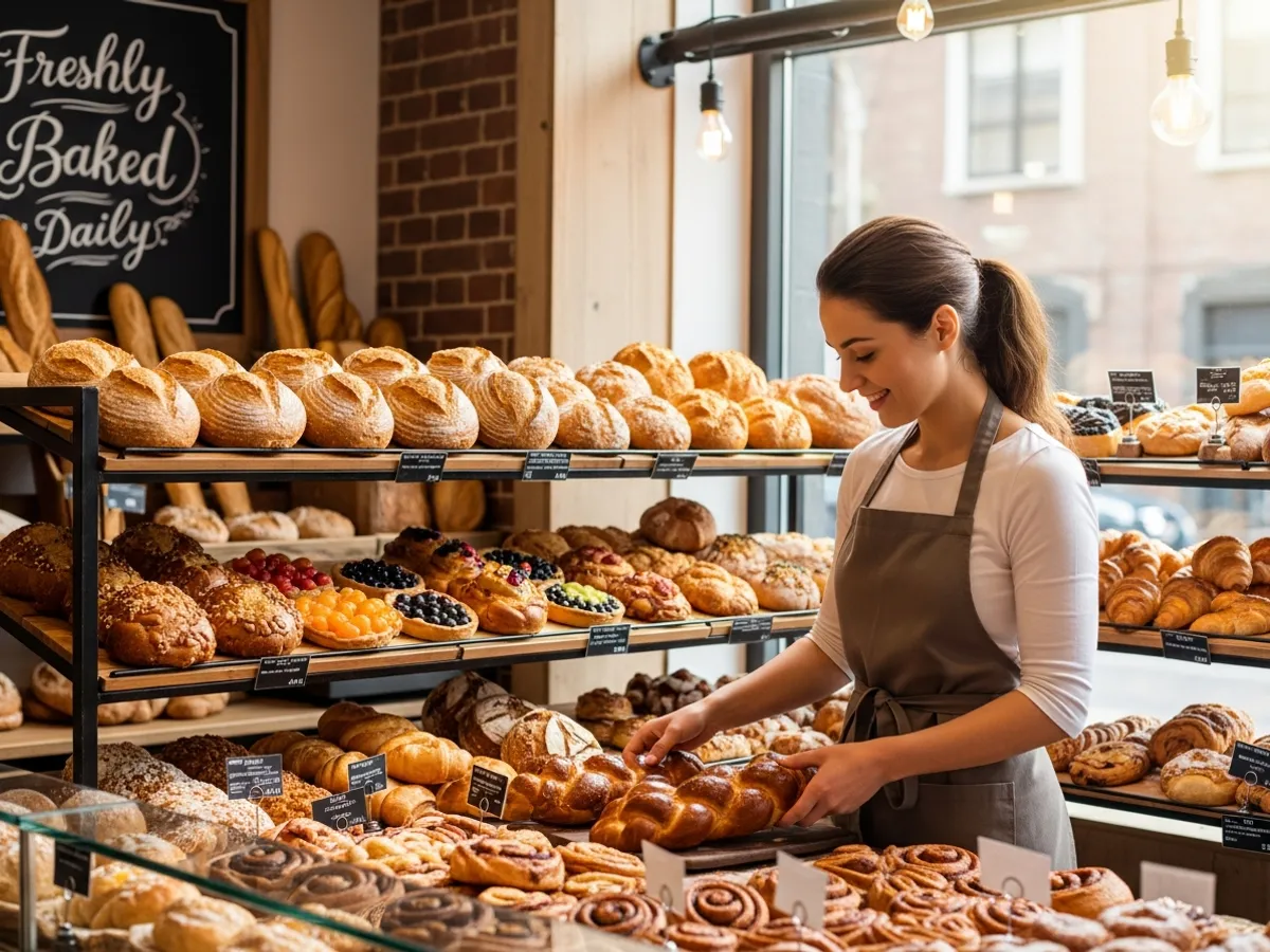 Dependiente de panadería sirviendo productos horneados a clientes en el mostrador