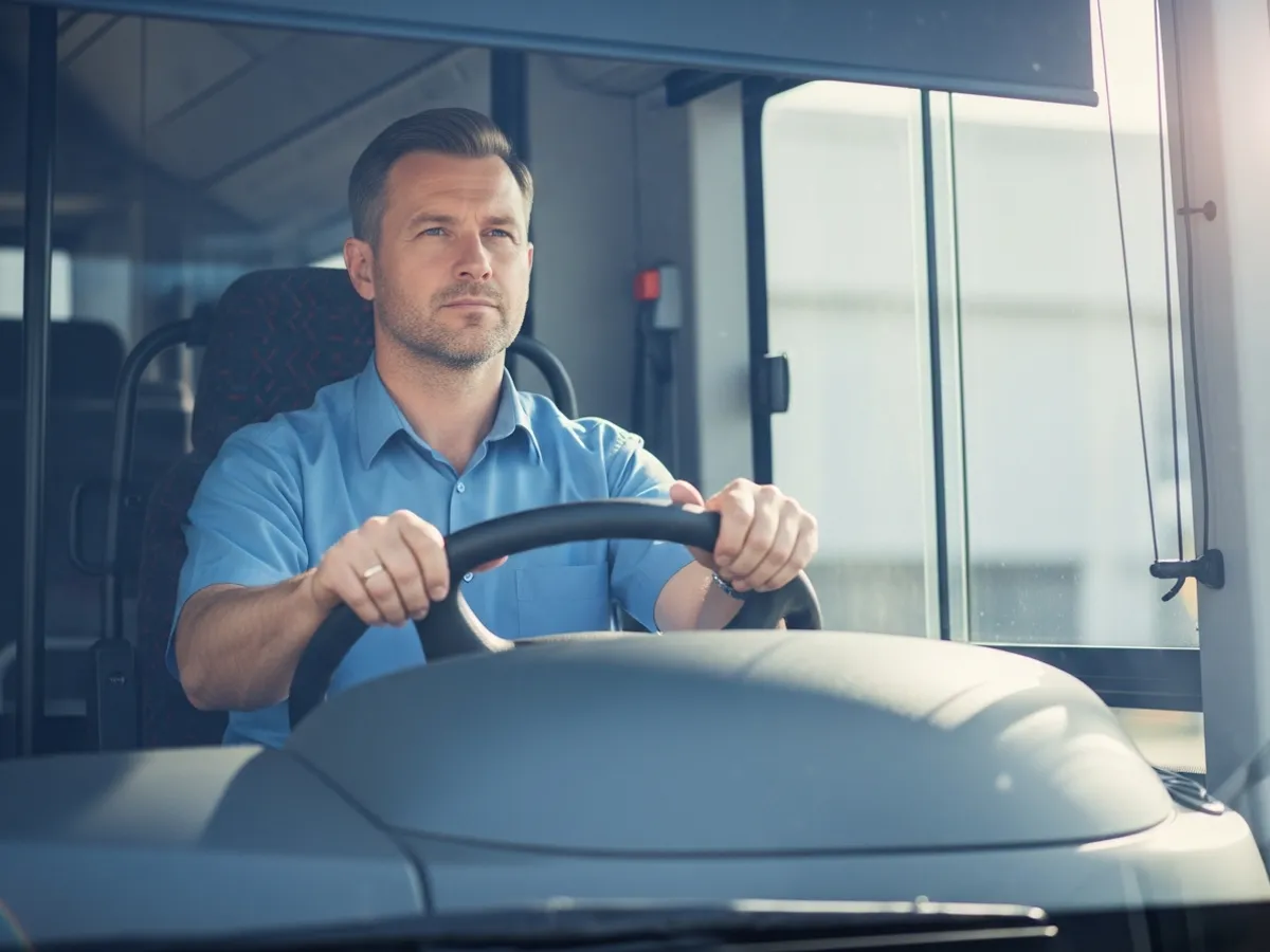 Conductor de autobús al volante de un autobús de pasajeros en una ruta regional