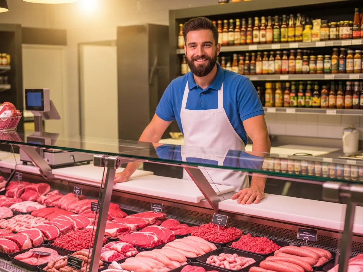 Carnicero preparando y sirviendo cortes de carne tras un mostrador de carnicería