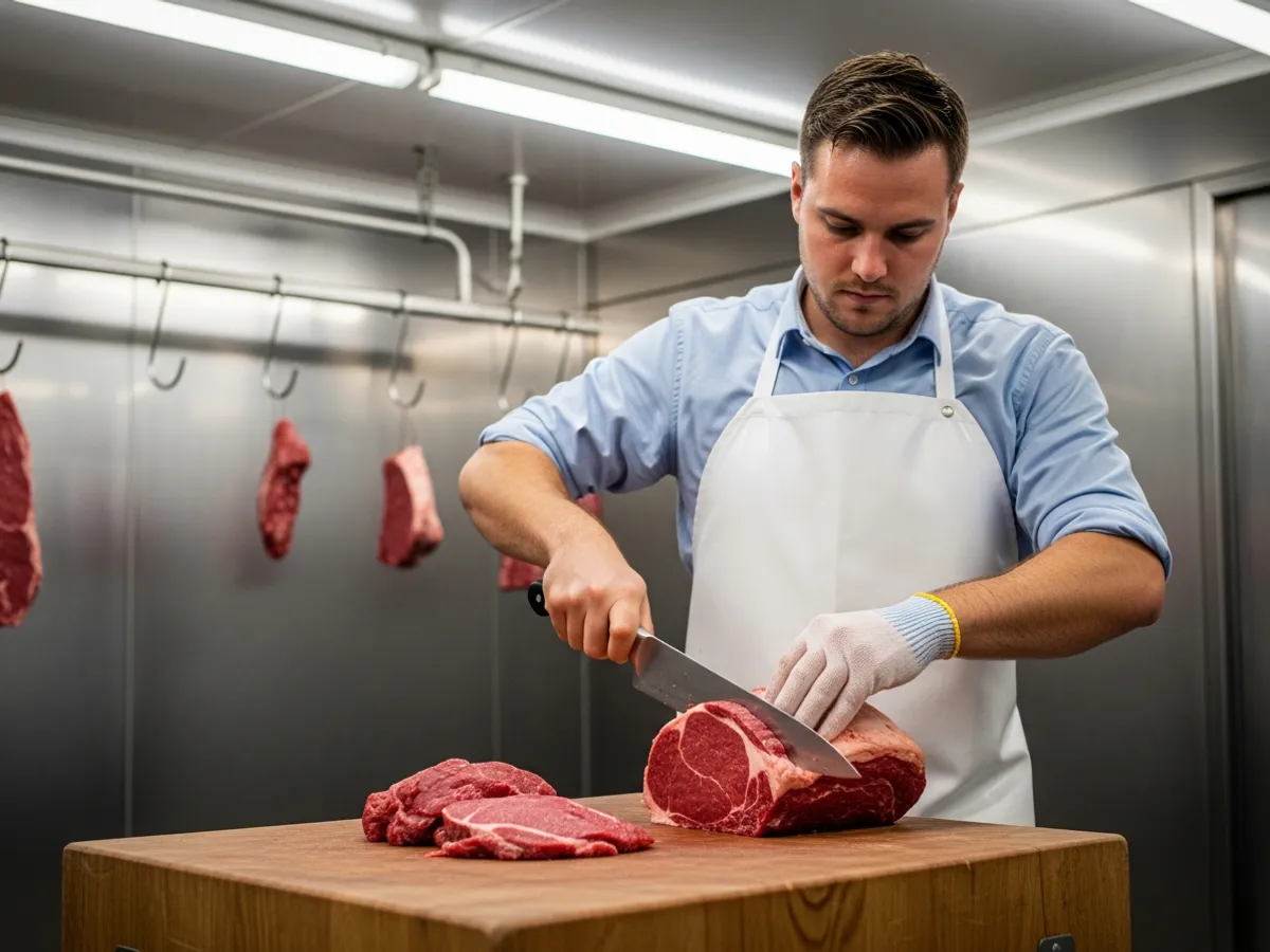 Carnicero cortando y deshuesando carne en una planta de procesamiento