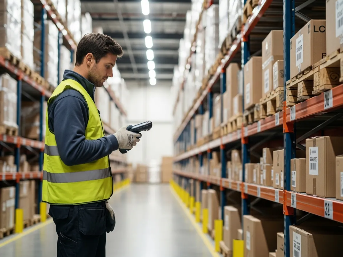 Preparador de pedidos de almacén montando pedidos con un escáner de mano