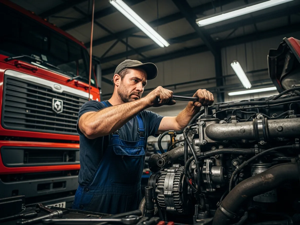 Mecánico de camiones reparando un motor diésel de alta resistencia en un taller