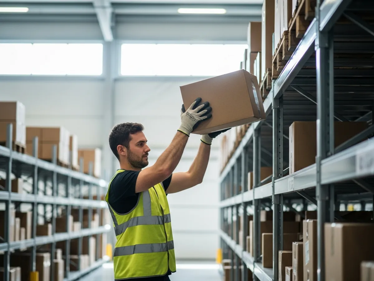 Warehouse worker moving and stacking boxes in a storage facility